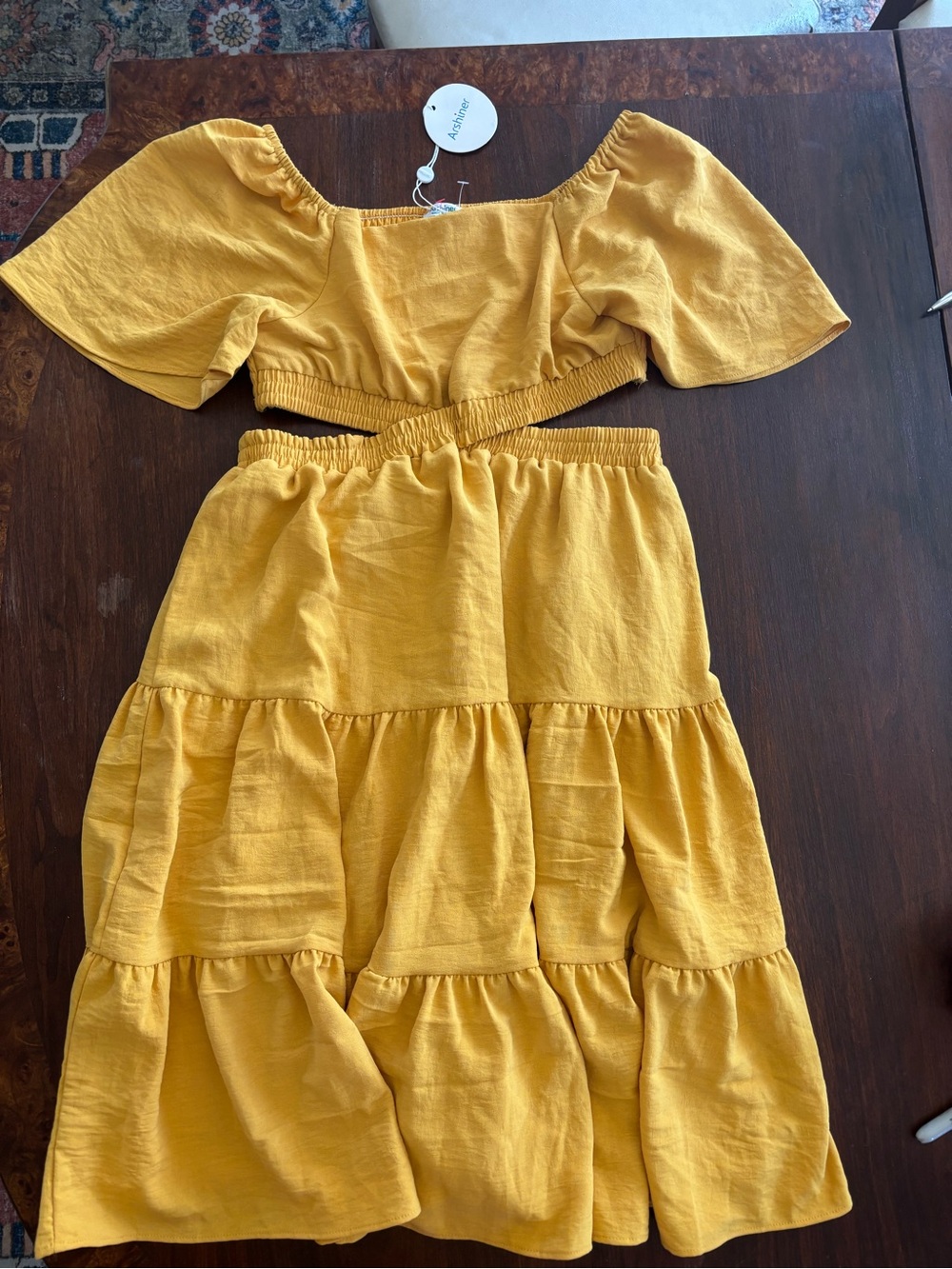 Mustard Yellow Cut Out Summer Dress GirlsXL or Womens XS Smocked Tiered Ruffle